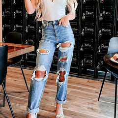 High Waist Ripped Holes Straight Jeans High Rise Non Stretch Pants
