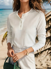 Solid Button Front T Shirt Women's Casual Long Sleeve Tee for Spring & Fall