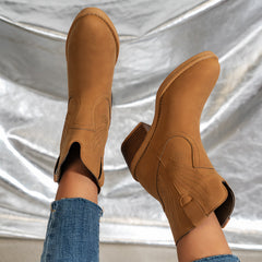Floral Embroidered Western Boots Chunky Heel Shoes
