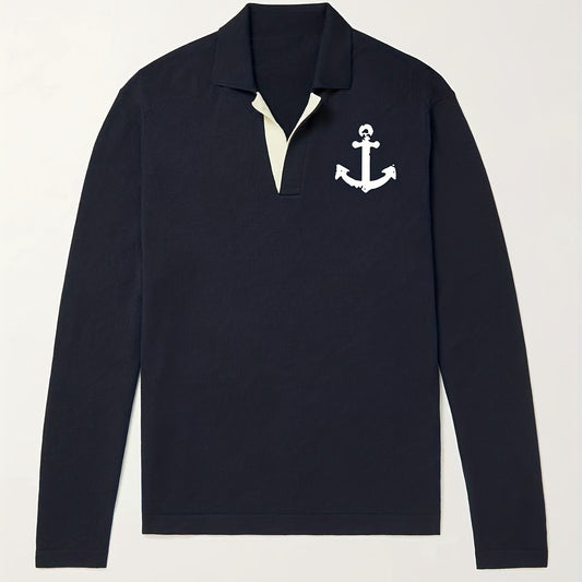 Anchor Pattern Knit Polo Shirt Men's Casual Lapel V Neck Pullover