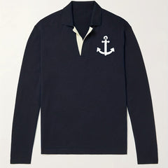 Anchor Pattern Knit Polo Shirt Men's Casual Lapel V Neck Pullover