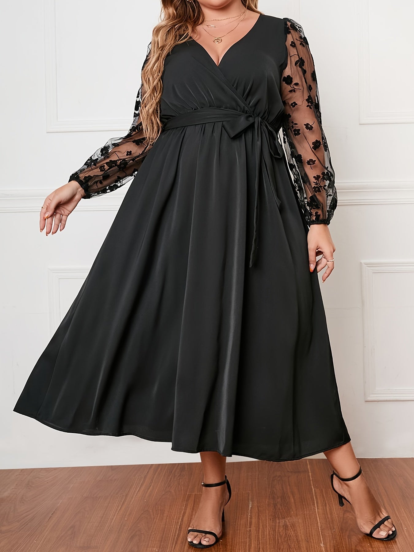 Mesh Lantern Sleeve Maxi Dress With Belt