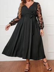 Mesh Lantern Sleeve Maxi Dress With Belt