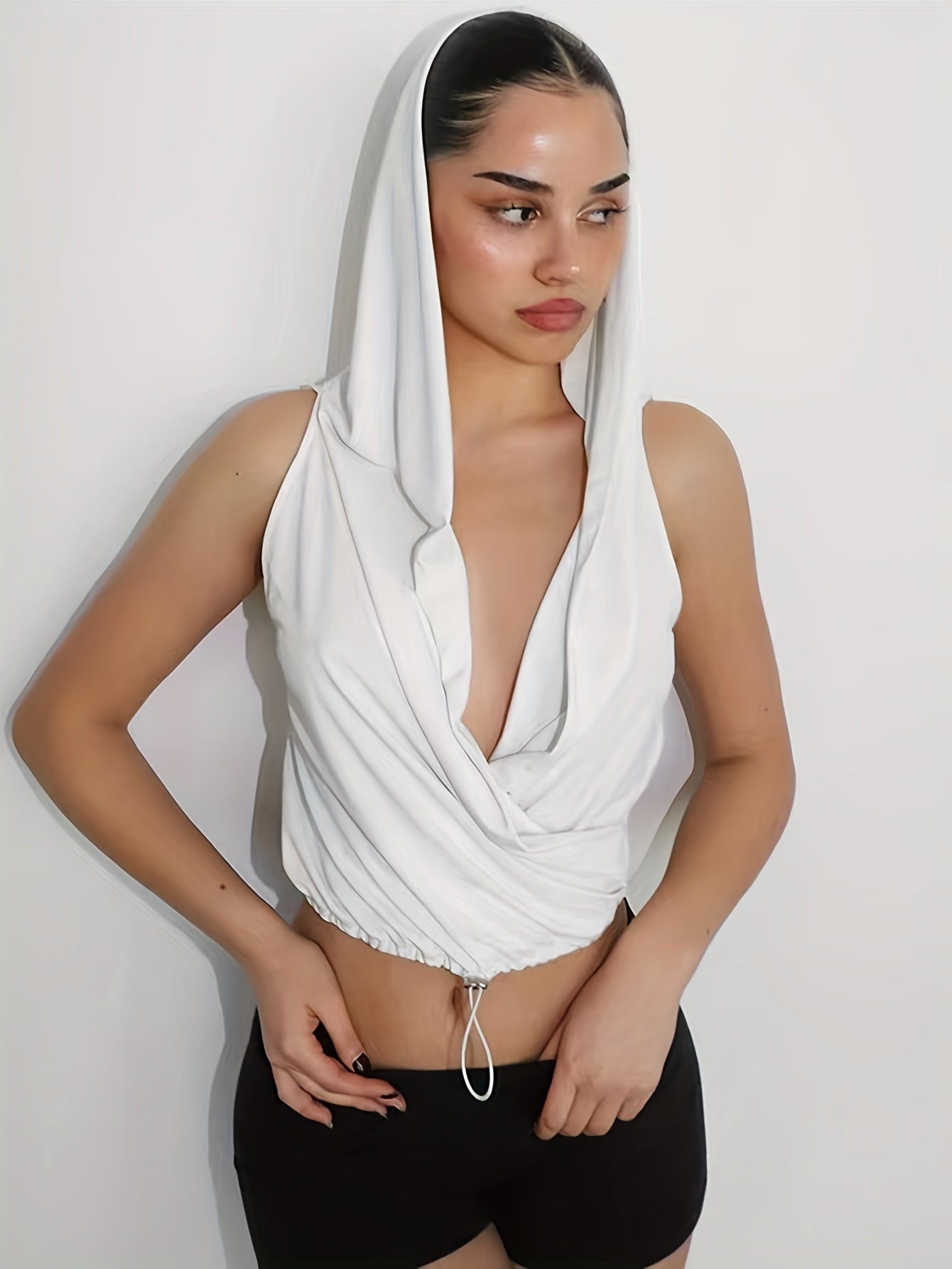 Sleeveless Crop Top Hoodie Solid Casual Top