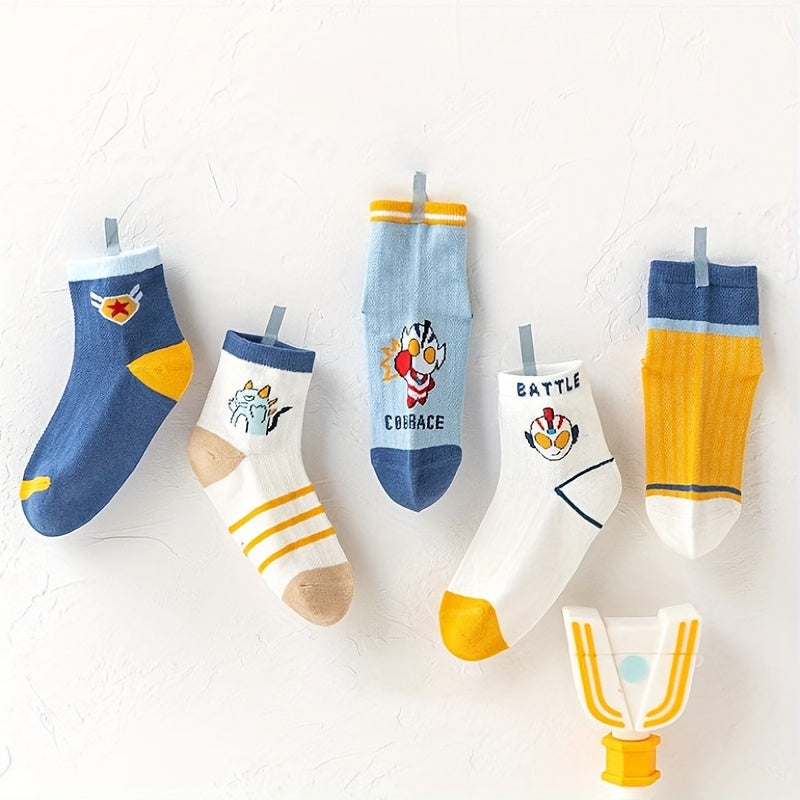 5 Pairs Kids Cartoon Print Crew Socks for All Seasons