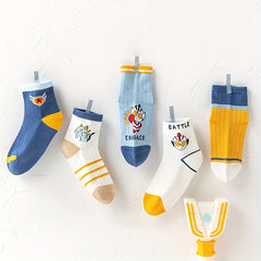 5 Pairs Kids Cartoon Print Crew Socks for All Seasons