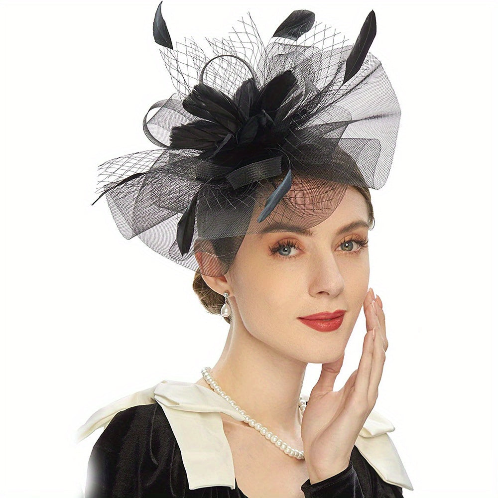 Mesh Flower Feather Head Hoop for Tea Party Horse Race