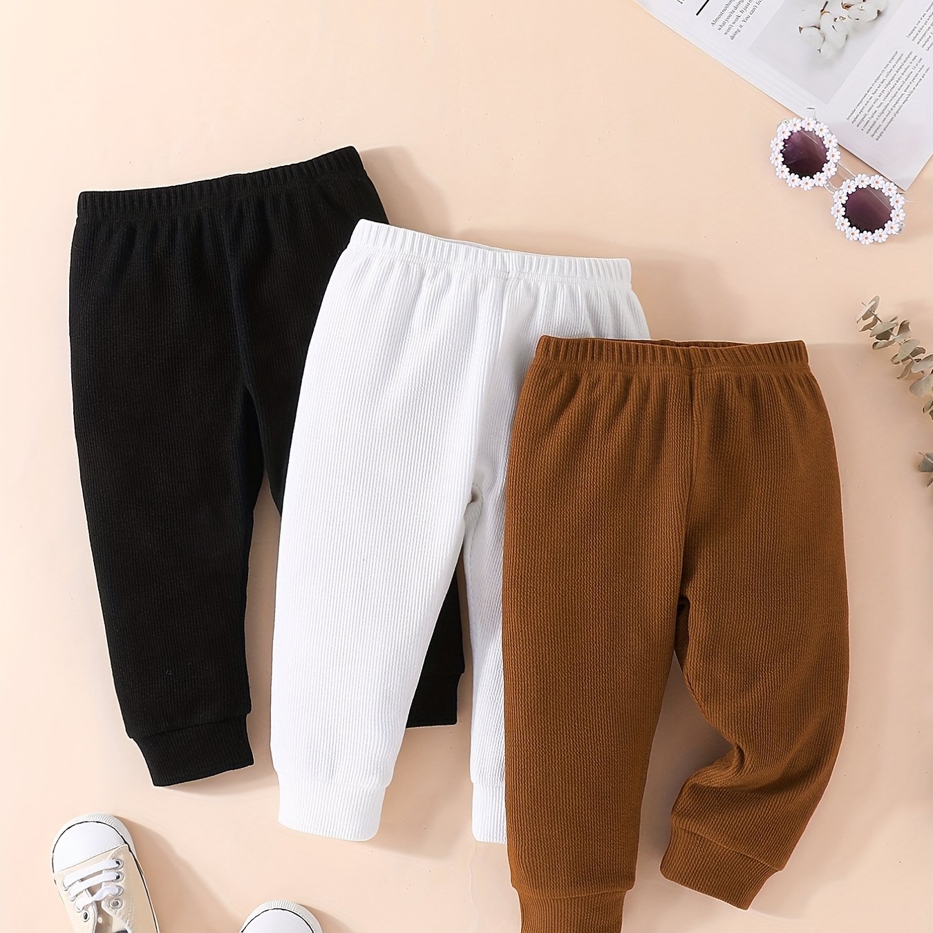 Toddler Baby Waffle Tricolor Pants Set Leggings Seamless Harem Style Ribbed Knit