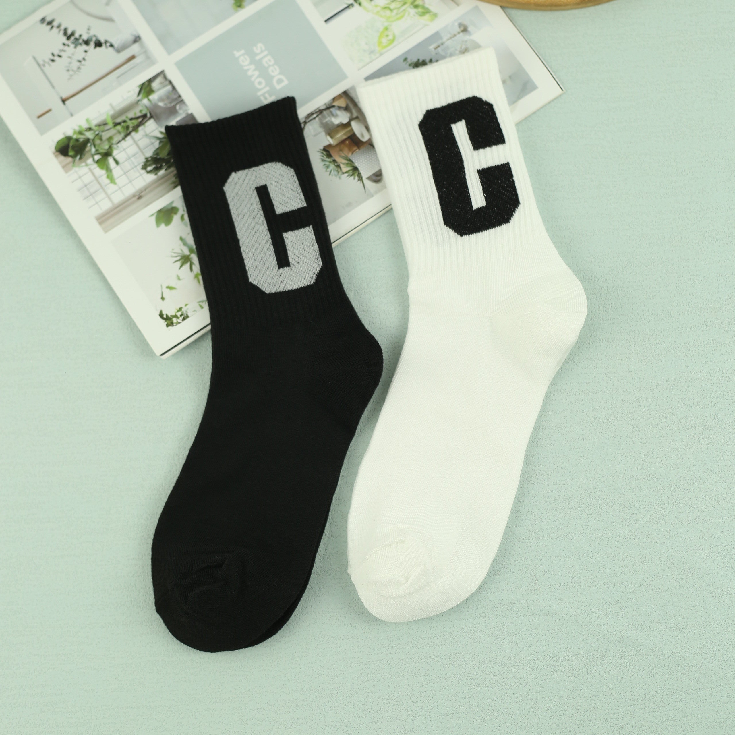 Men's Letter C Pattern Crew Socks, Breathable Casual Street Style Socks