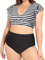 Vacay Tankini Set Solid Warp V Neck Cap Sleeve Crop Top