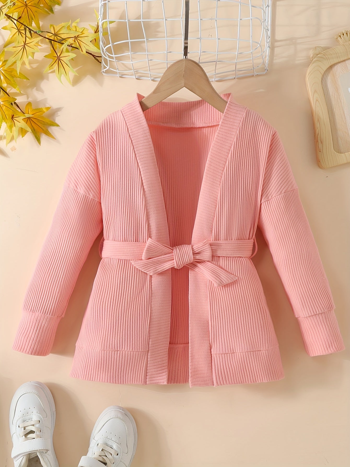 Toddler Girls Ribbed Knit Cardigan with Lace Up Waist