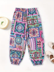Girls Ethnic Graphic Cotton Jogger Trousers Kids Baggy Pants