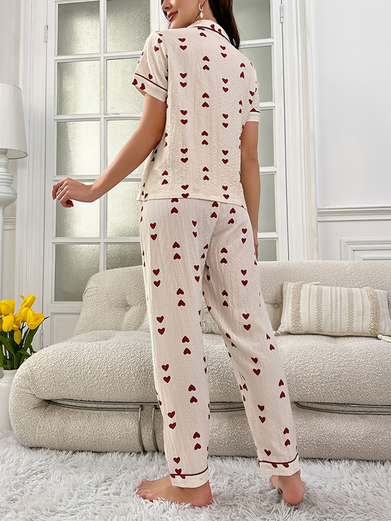 Heart Print Pajama Set Short Sleeve Top & Pants