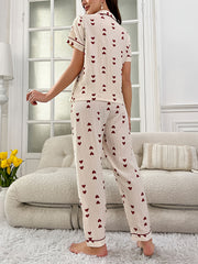 Heart Print Pajama Set Short Sleeve Top & Pants