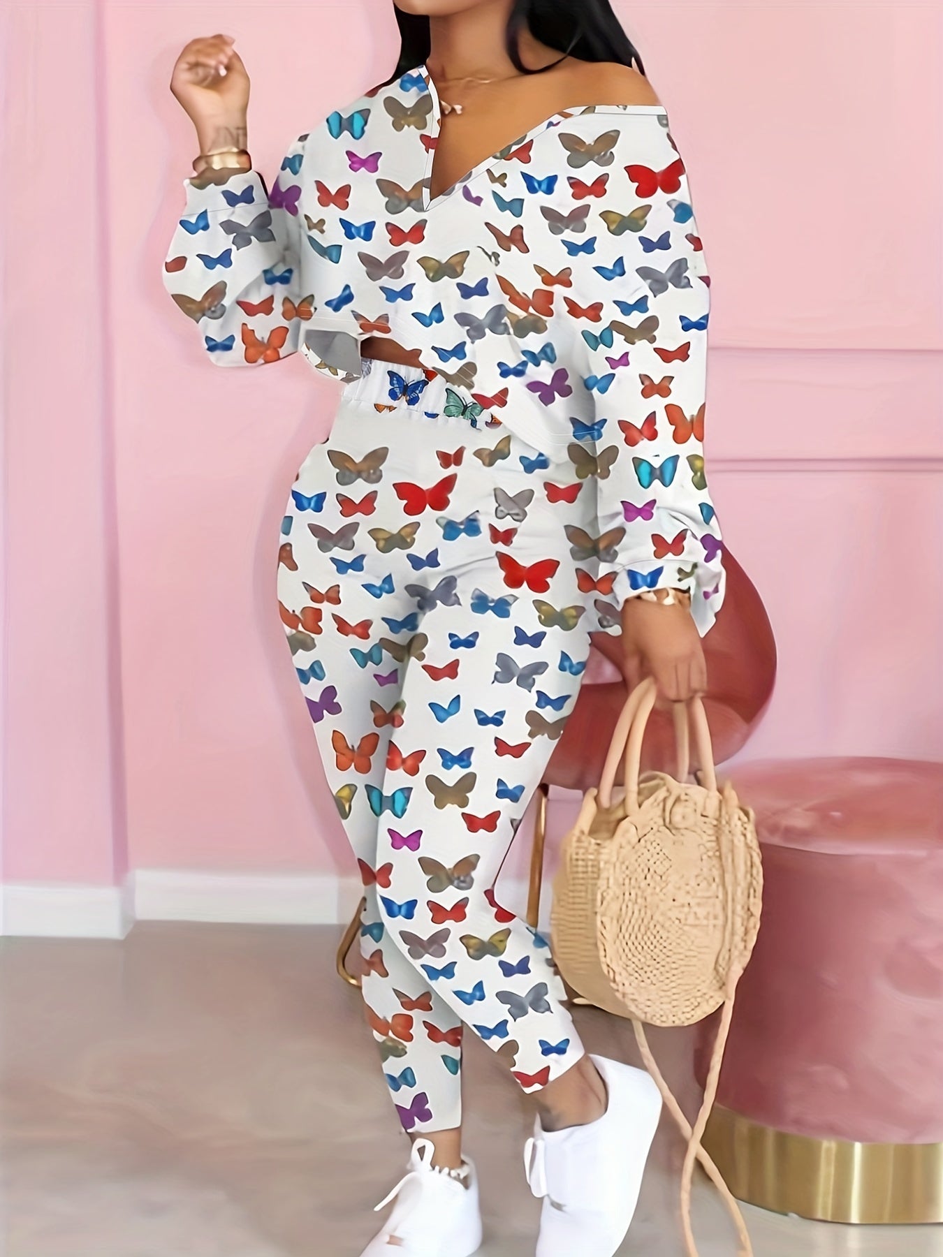 Butterflies Print Casual Two piece Set Notched Neck Crop Top & Elastic Waist Pan