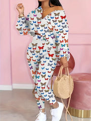 Butterflies Print Casual Two piece Set Notched Neck Crop Top & Elastic Waist Pan