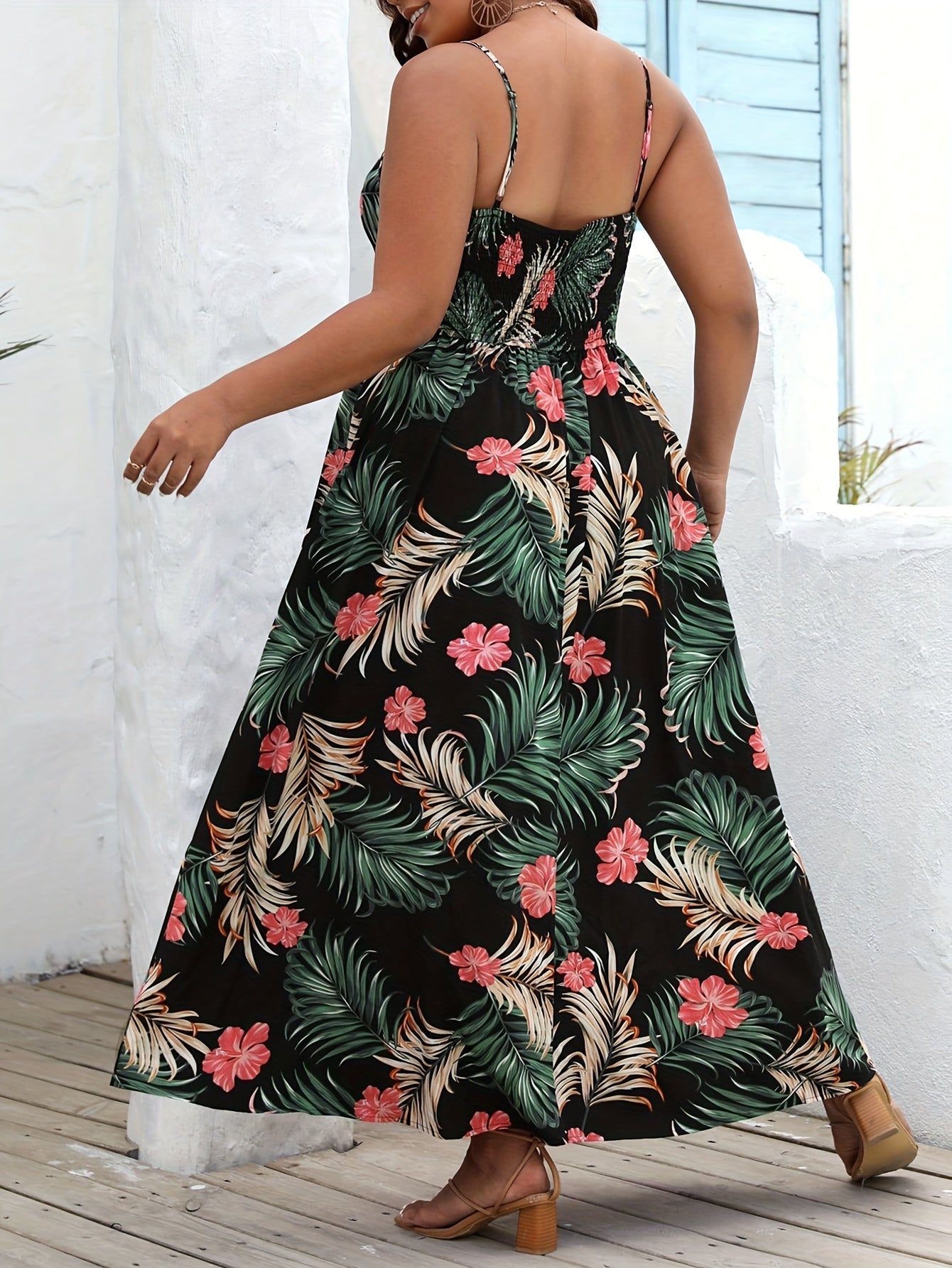 Boho Dress Women's Plus Tropical Print V Neck Maxi Dress