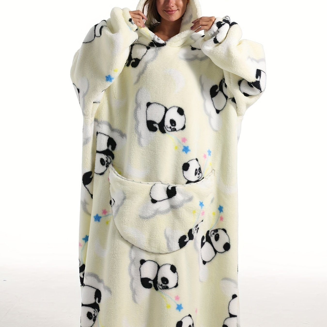 Oversized Fleece Hooded TV Blanket Women's Panda Pattern Robe