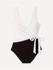 Sexy Swimsuit Colorblock V Neck Tummy Control One Piece