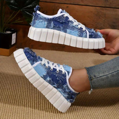 Women's Canvas Low Top Platform Sneakers Lace-Up Walking Shoes