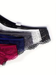 5pcs Floral Lace Panties Soft & Comfy Low Waist Stretchy Panties