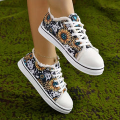 Leopard & Floral Print Canvas Shoes Lace Up Round Toe Low Trim