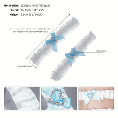 Bridal Elastic Crinkle Band Sock Strap Set Rhinestone Bowknot Ribbon Leg Band