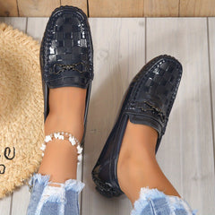 Women's Metallic Chain Decor Loafers Slip On Round Toe Low Soft Non slip Shoes