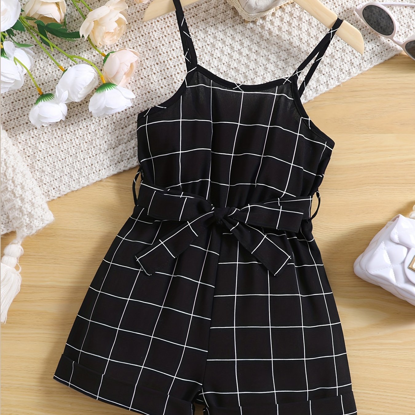 Toddlr Grls Plaid Graphic Belted Cami Romprs Jumpsuits Bch Vctn Kids Summr Clths