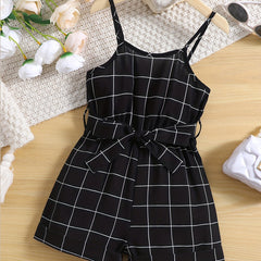 Toddlr Grls Plaid Graphic Belted Cami Romprs Jumpsuits Bch Vctn Kids Summr Clths