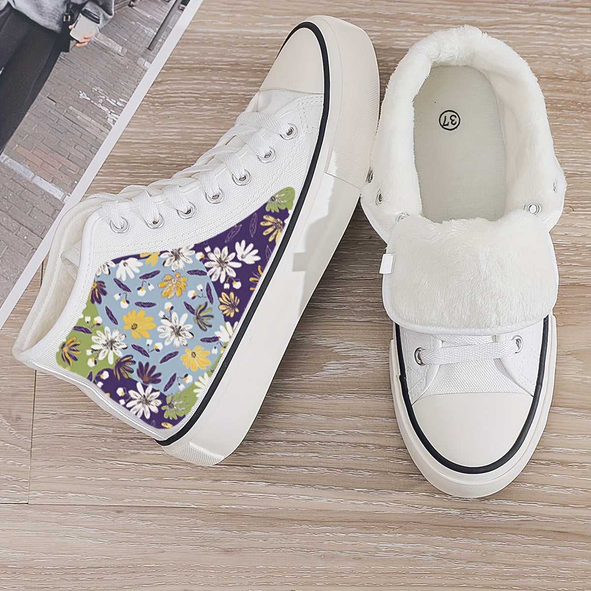 Girl's High Top Floral Skate Shoes Warm Plush Lining Non Slip Lace Up Sneakers