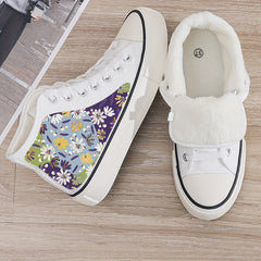 Girl's High Top Floral Skate Shoes Warm Plush Lining Non Slip Lace Up Sneakers