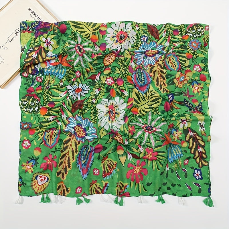 Boho Flower Print Scarf Vintage Tassel Shawl Sunscreen Head Wrap