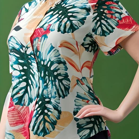 Tropical Print Button Up Short Sleeve Blouse