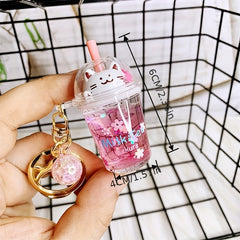 Quicksand Sakura Cat Milk Tea Cup Acrylic Keychain