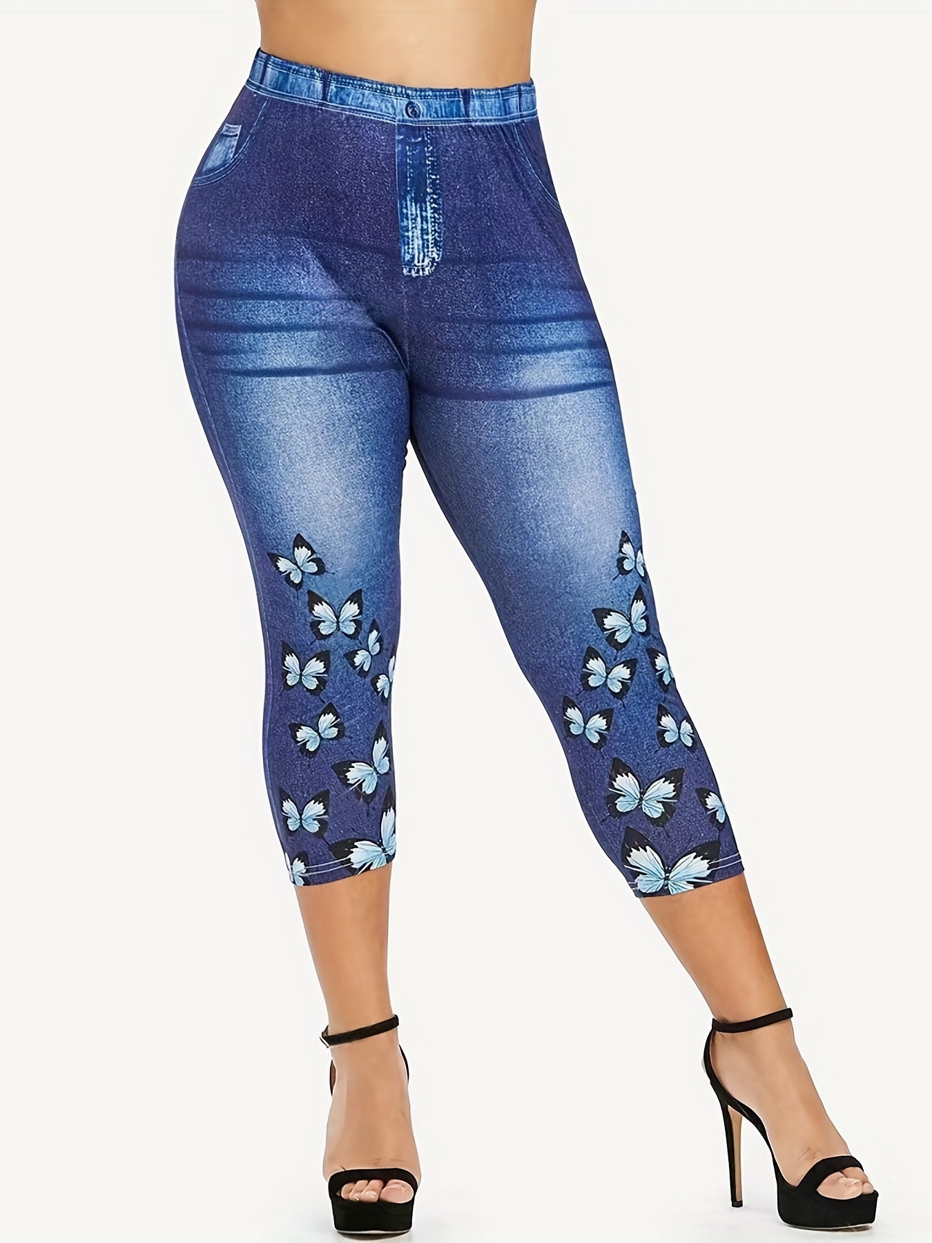 Denim & Butterfly Print Capris Leggings for Women