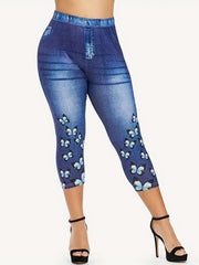 Denim & Butterfly Print Capris Leggings for Women