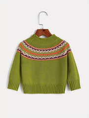 Little Girls Jacquard Round Neck Knitted Pullover Top