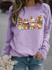 Christmas Coffee Print Loose Sweatshirt Casual Long Sleeve