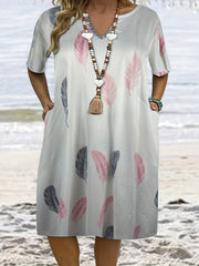 Feather Print Short Sleeve Dress With Pockets