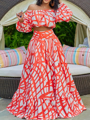 Women's Plus Colorblock Off Shoulder Crop Top & Maxi Smock Skirt Set