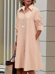 Plus Solid Button Up Long Sleeve Shirt Dress