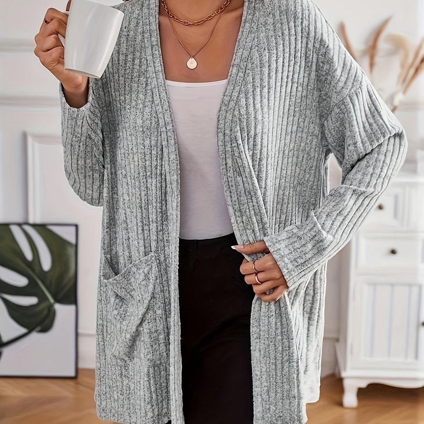 Solid Ribbed Long Sleeve Open Front Cardigan With Pockets