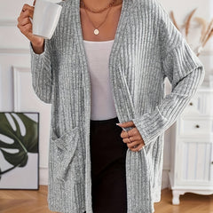 Solid Ribbed Long Sleeve Open Front Cardigan With Pockets