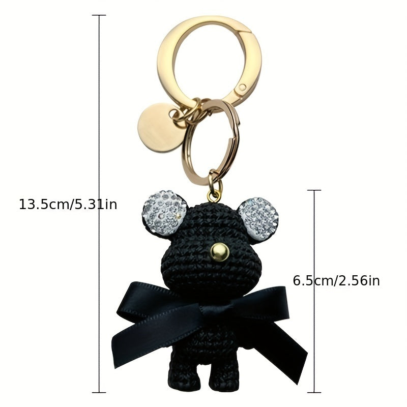 Artificial Diamond Key Chain with Rhinestone Woolen Bear Inlay