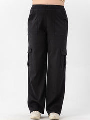 Solid High Stretch Wide Leg Cargo Jeans with Pockets