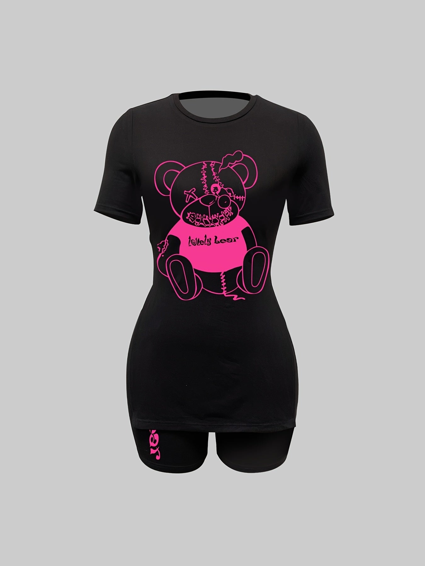 Teddy Bear Print Two piece Set Short Sleeve T Shirt & Workout Shorts