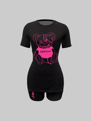 Teddy Bear Print Two piece Set Short Sleeve T Shirt & Workout Shorts