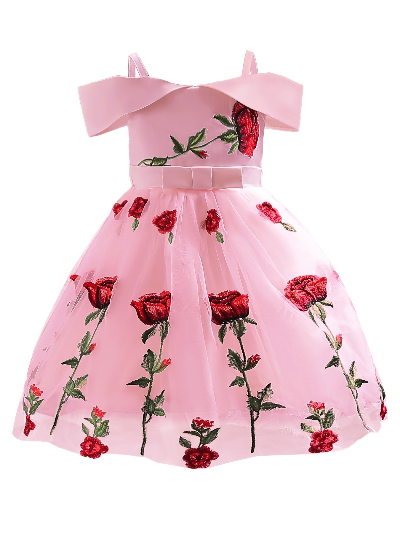 Girls Off Shoulder Princess Dress Flowers Embroidery Bow Mesh Dress