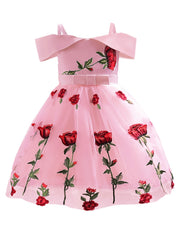 Girls Off Shoulder Princess Dress Flowers Embroidery Bow Mesh Dress